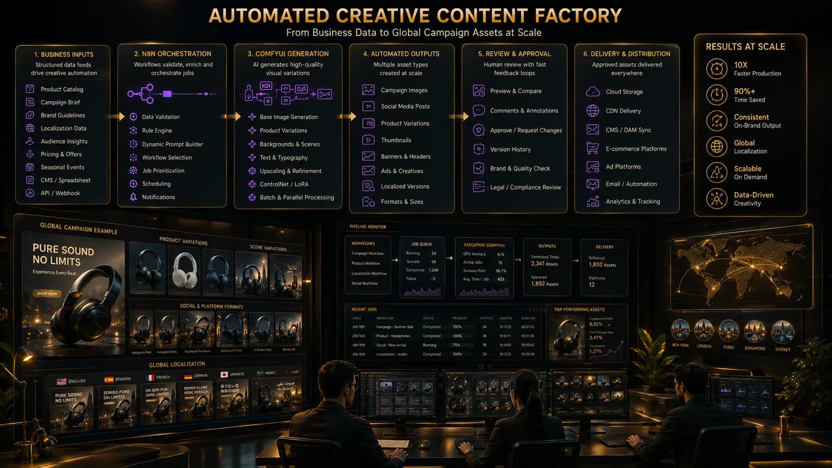 Automated creative content factory producing localized campaign assets through n8n and ComfyUI