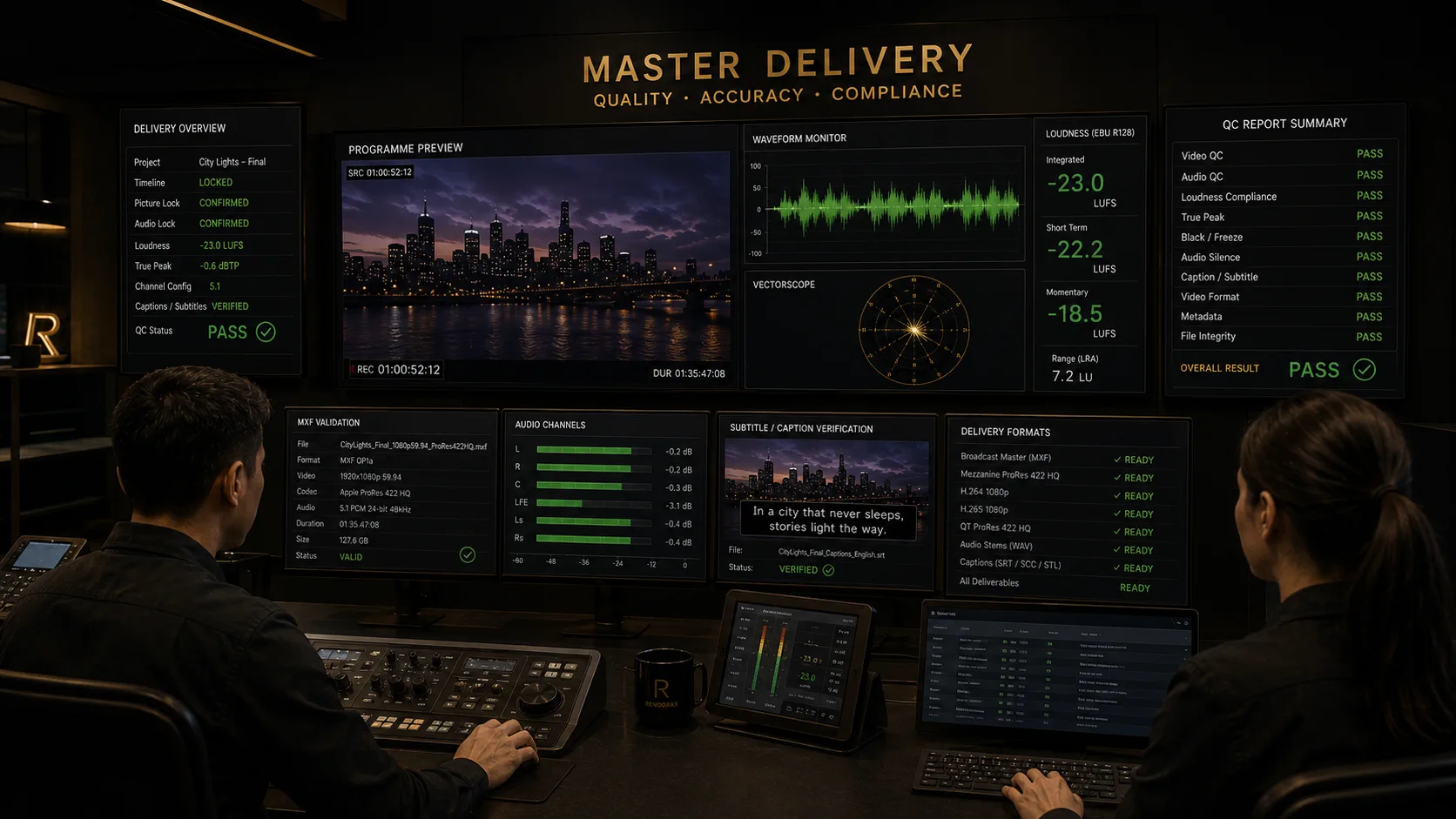 Broadcast engineers validating an MXF master with picture, audio, caption and compliance checks