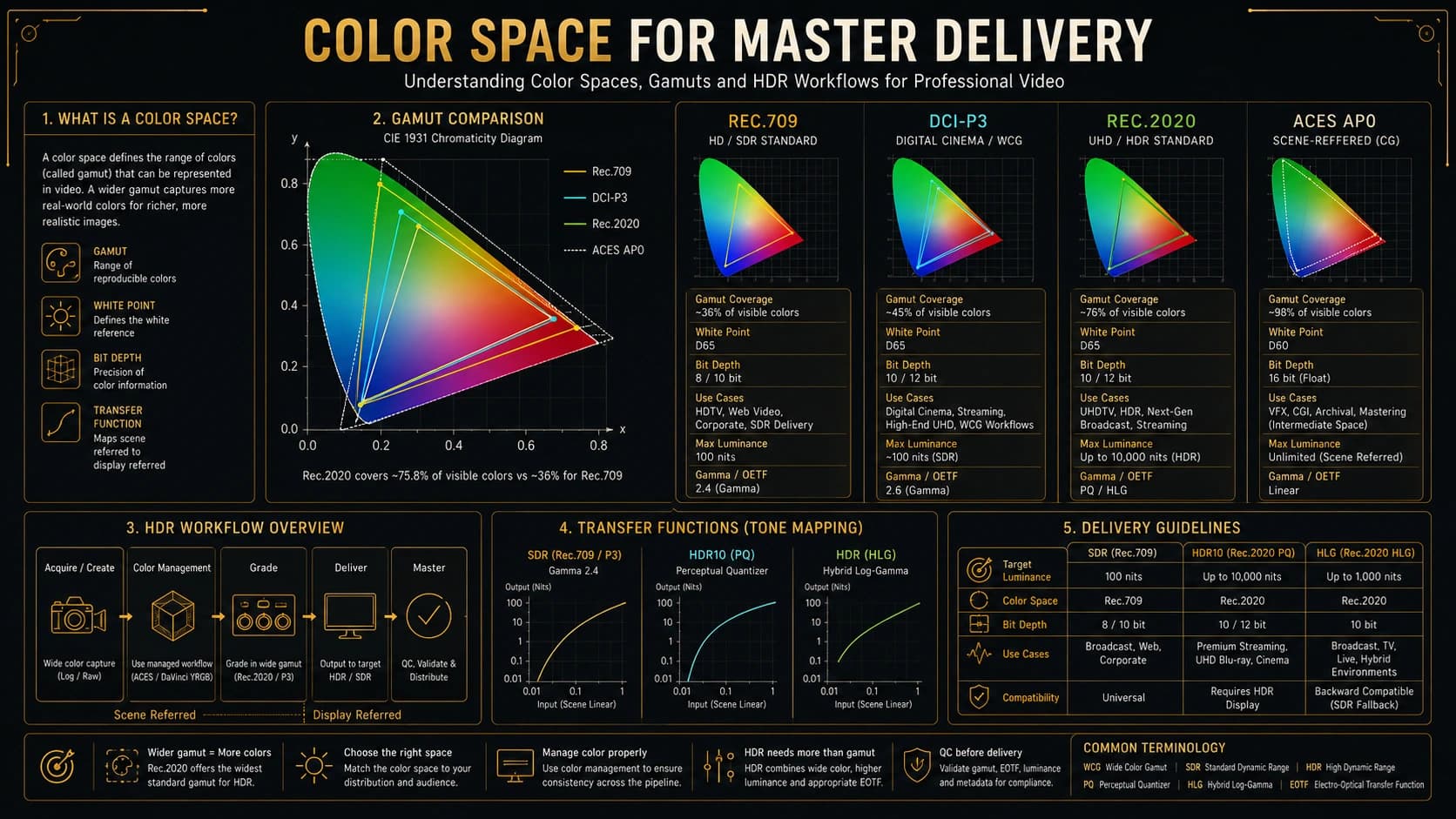 Comparison of Rec.709, Rec.2020, DCI-P3 and HDR color delivery workflows