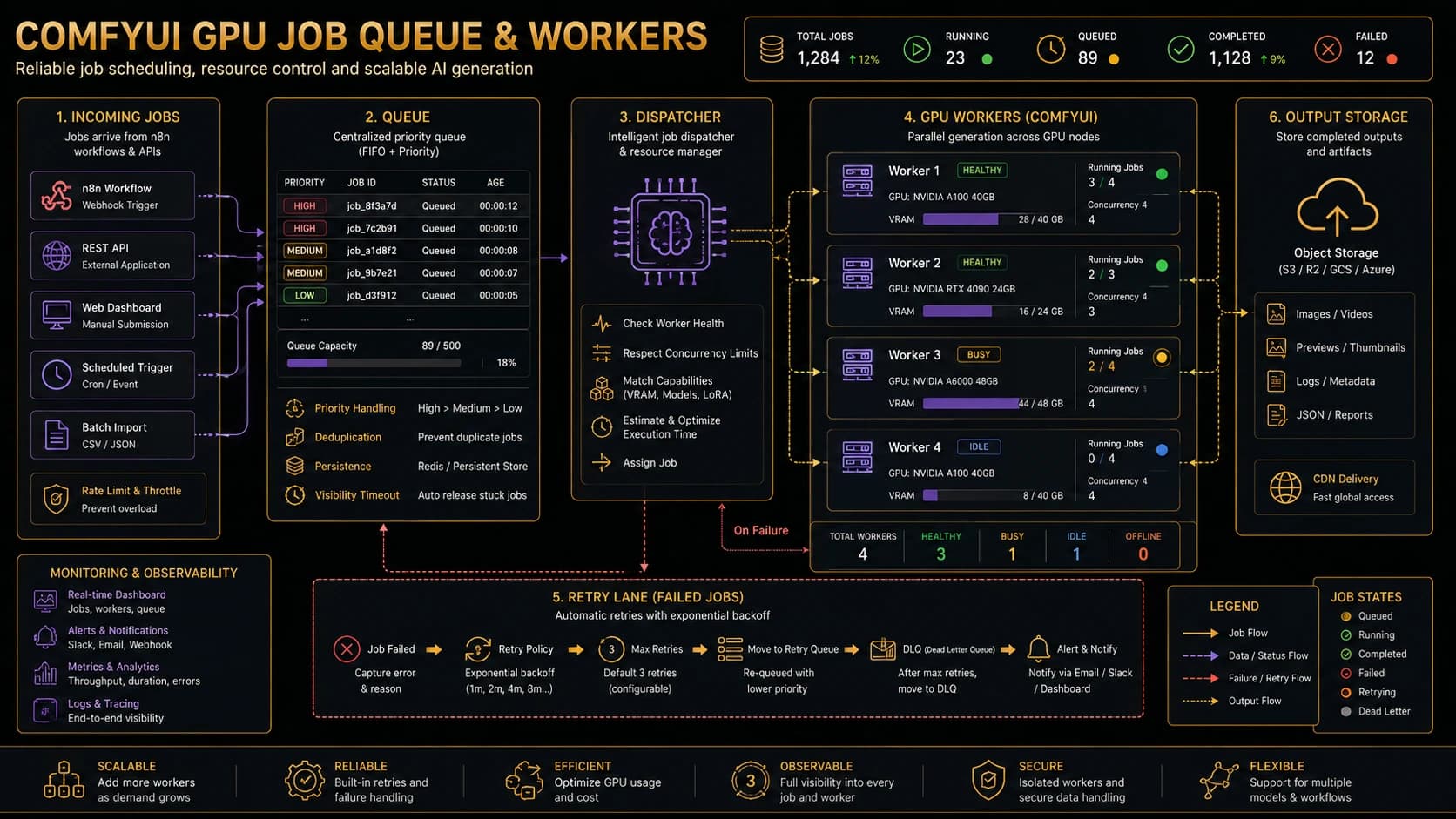 ComfyUI GPU job queue distributing generation tasks across multiple workers