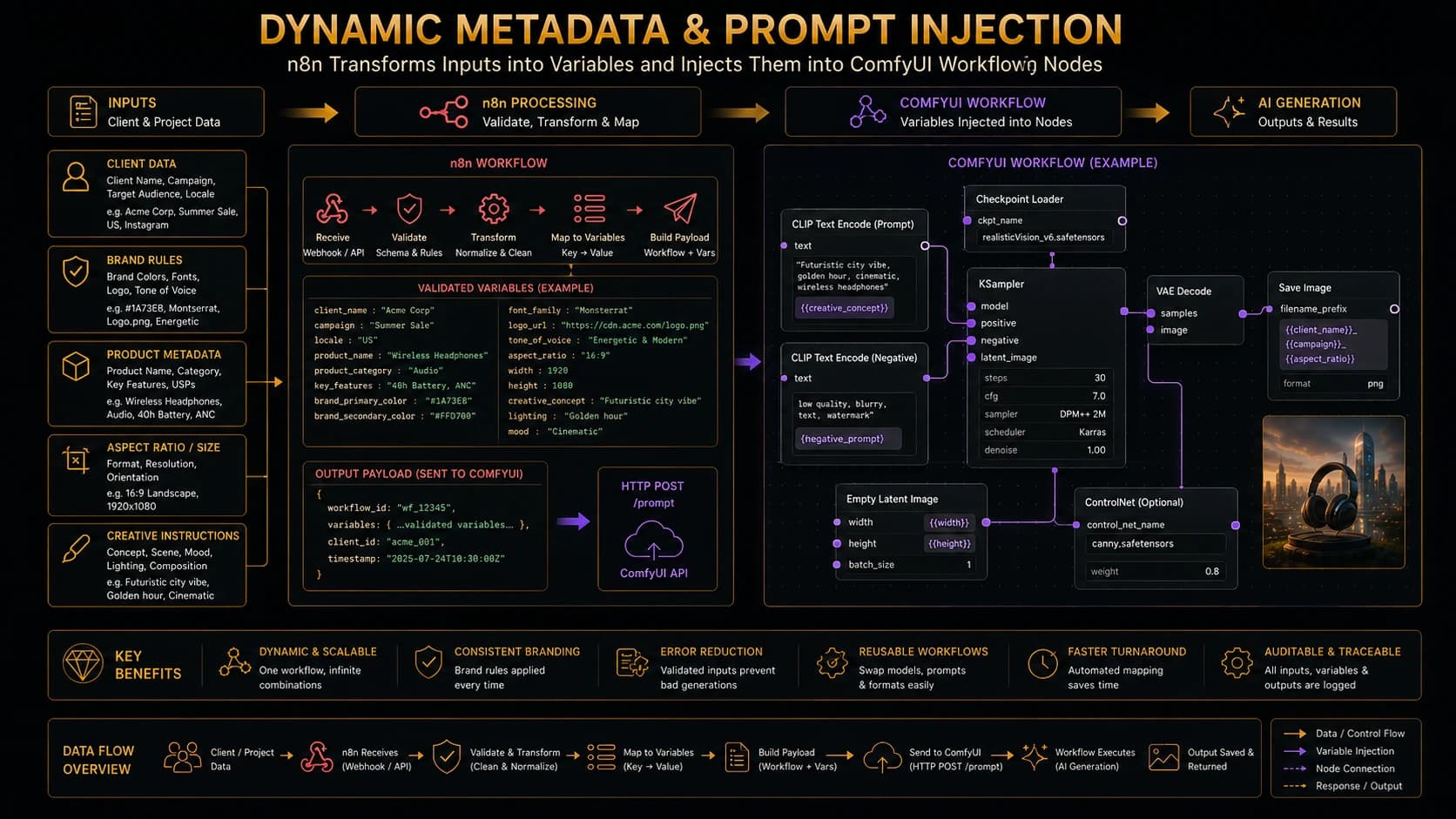 Dynamic metadata and prompt variables injected into a ComfyUI workflow by n8n