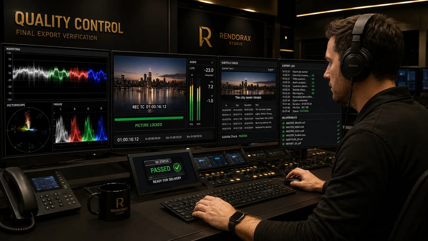Quality-control operator verifying picture, color, audio, subtitles and export logs before delivery