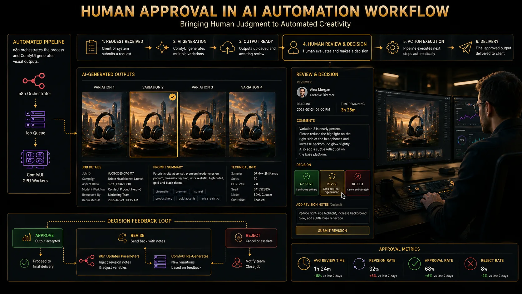 Human reviewer approving or revising AI-generated outputs within an automated production pipeline