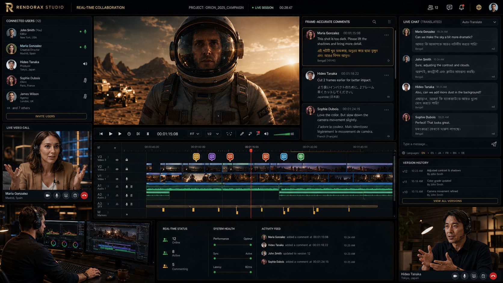 Rendorax Studio real-time collaboration interface with timeline direction, live session, and cross-language feedback