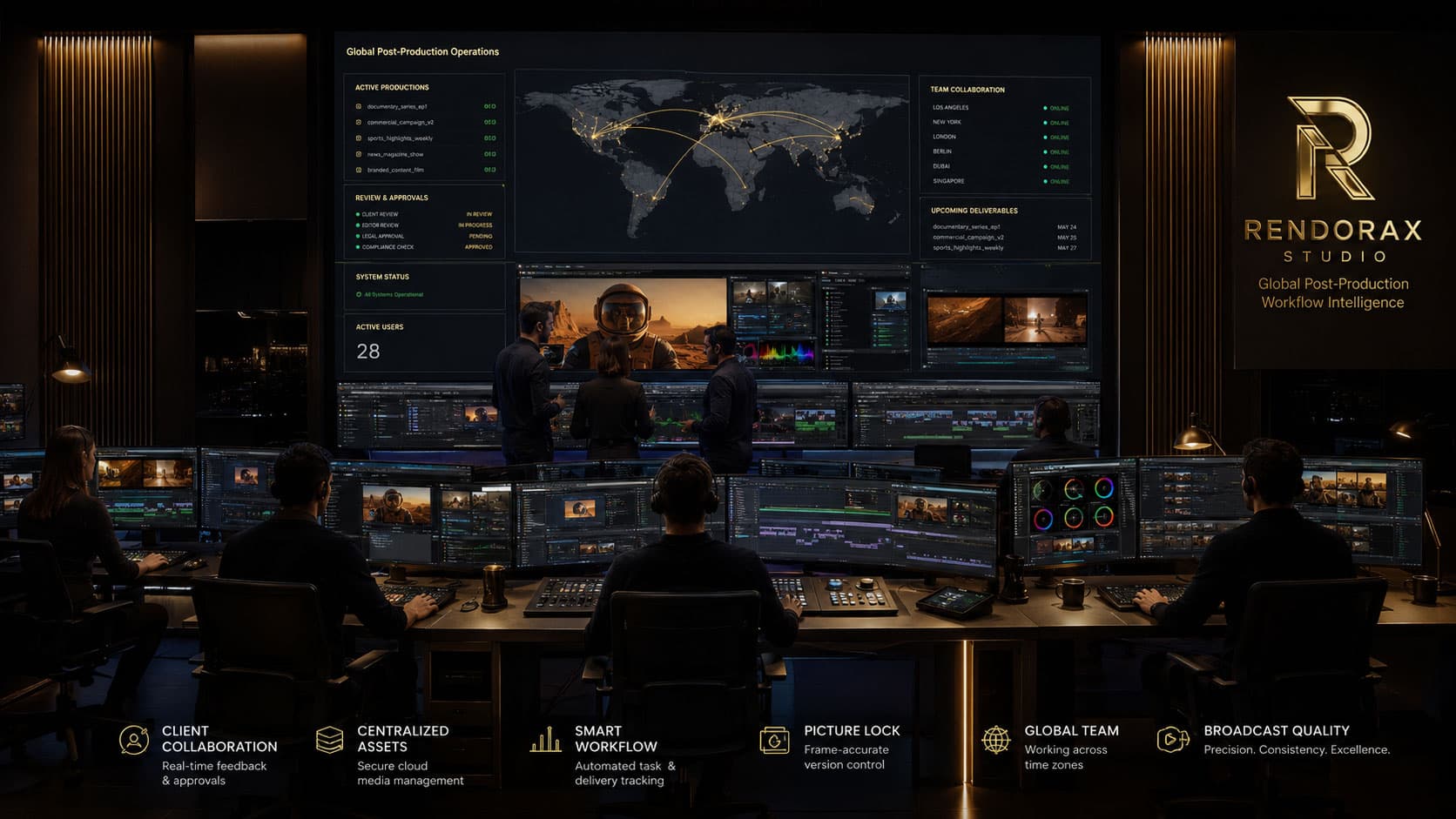 Rendorax Studio global post-production operations center with teams managing active productions across time zones