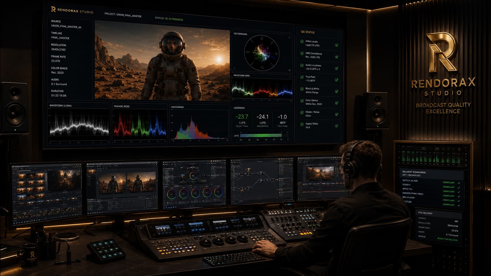 Rendorax Studio post-production control room with colorist workstation, QC scopes, and broadcast delivery readiness