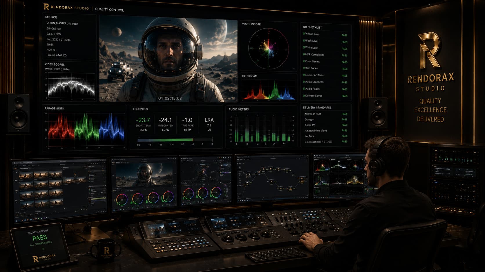 Rendorax Studio broadcast quality control suite with HDR scopes and OTT delivery standards checklist