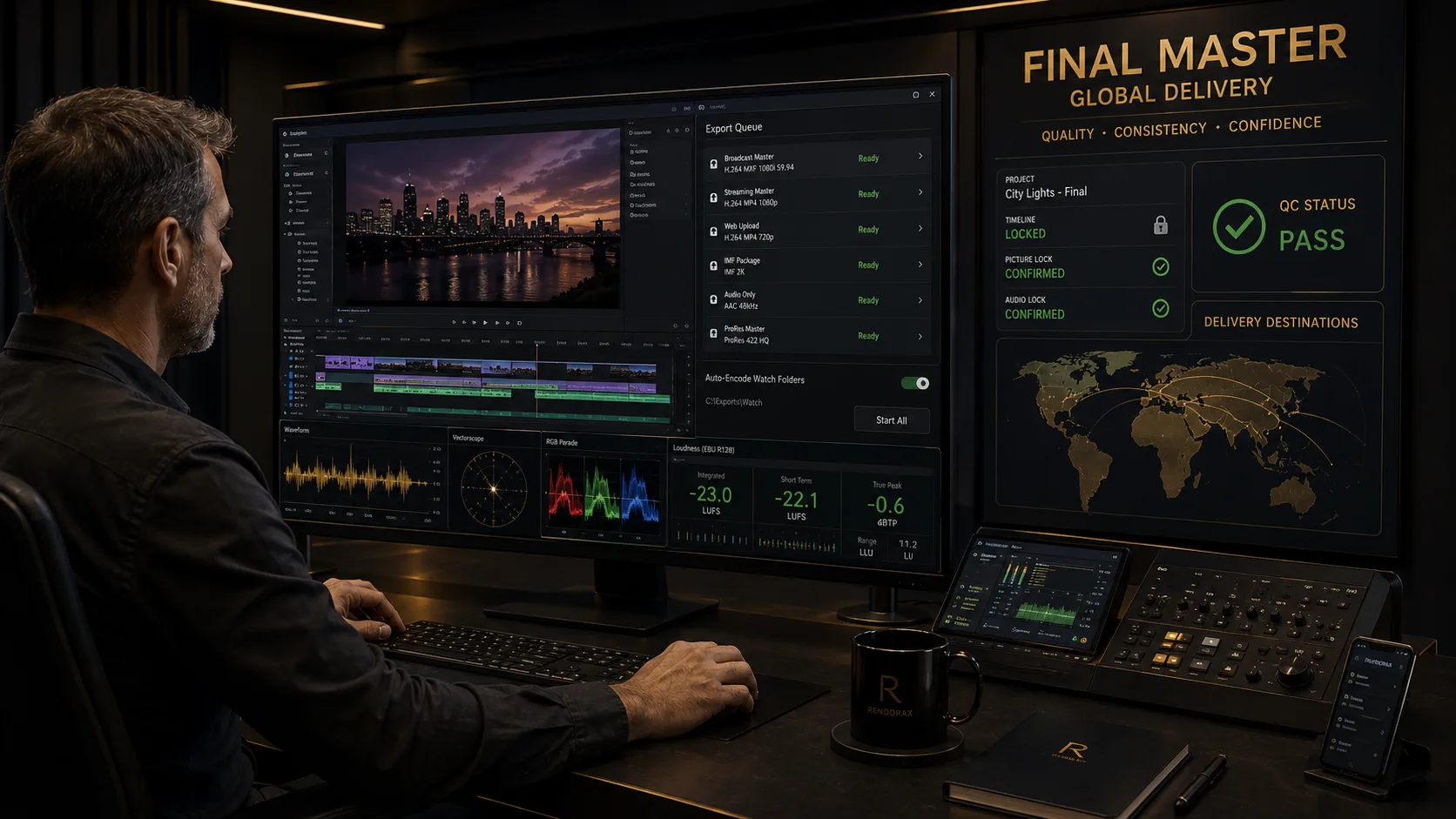 Professional editor preparing a final master export for broadcast and streaming delivery