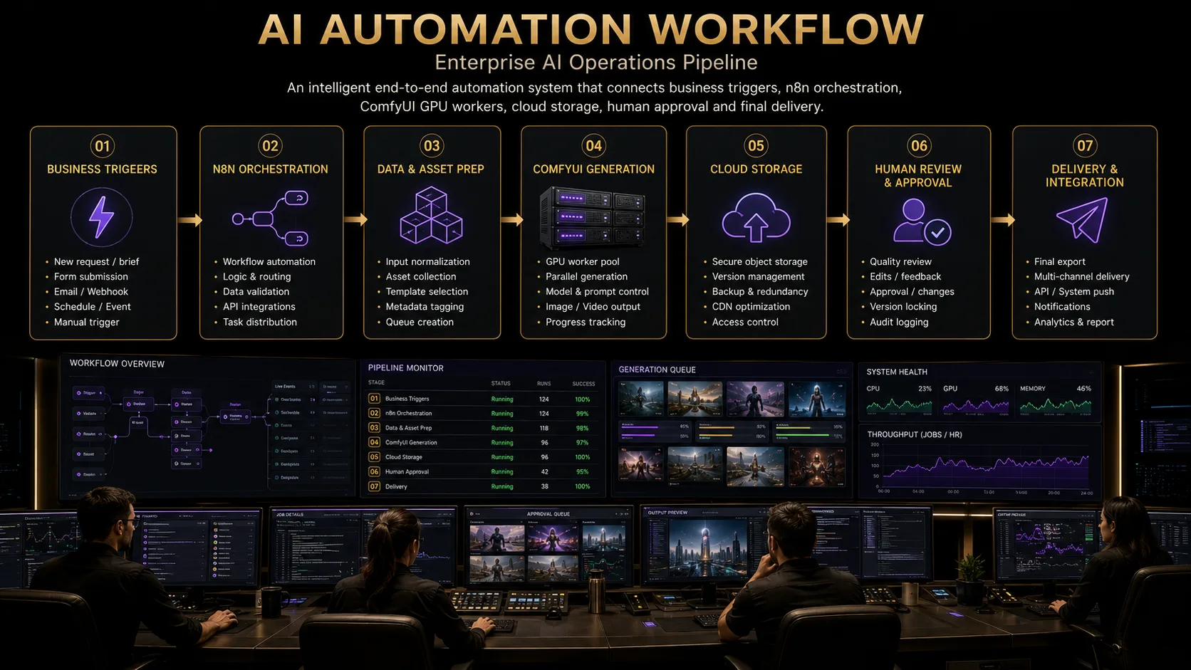 Enterprise AI automation pipeline connecting n8n orchestration, ComfyUI GPU workers, approval and delivery