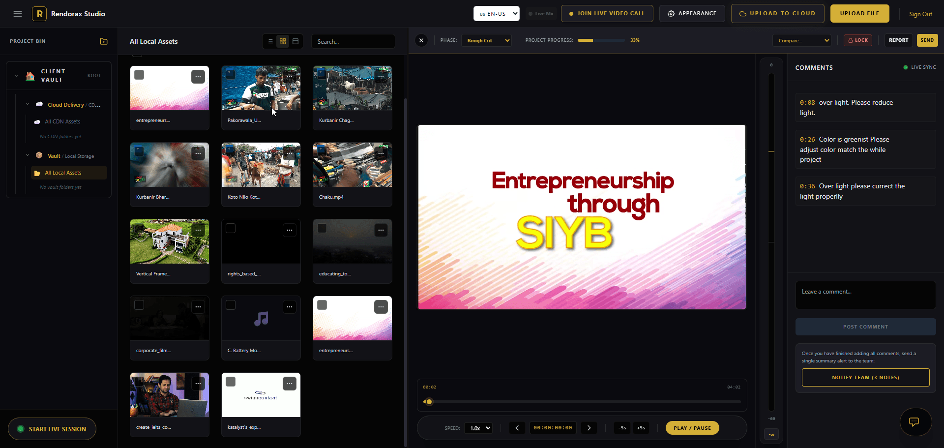 Rendorax Studio client view of the post-production operating path