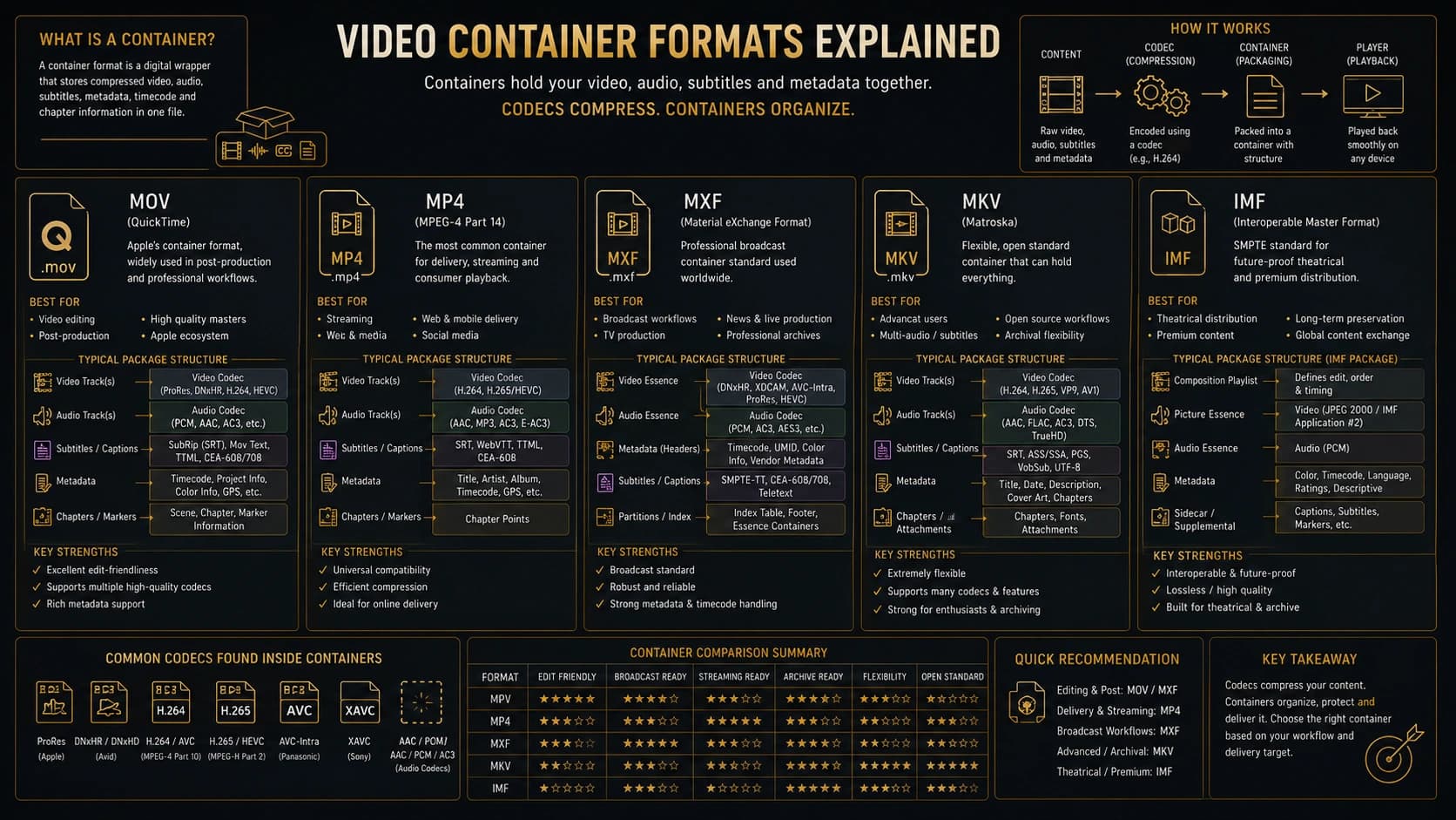 Comparison of MOV, MP4, MXF, MKV and IMF video container structures