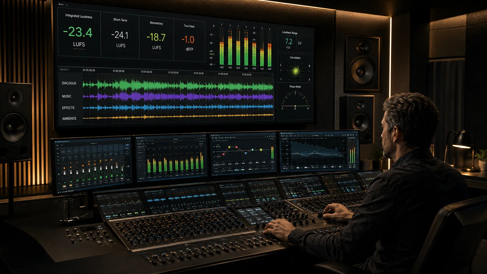 Professional broadcast audio engineer monitoring LUFS compliance in a television post-production suite