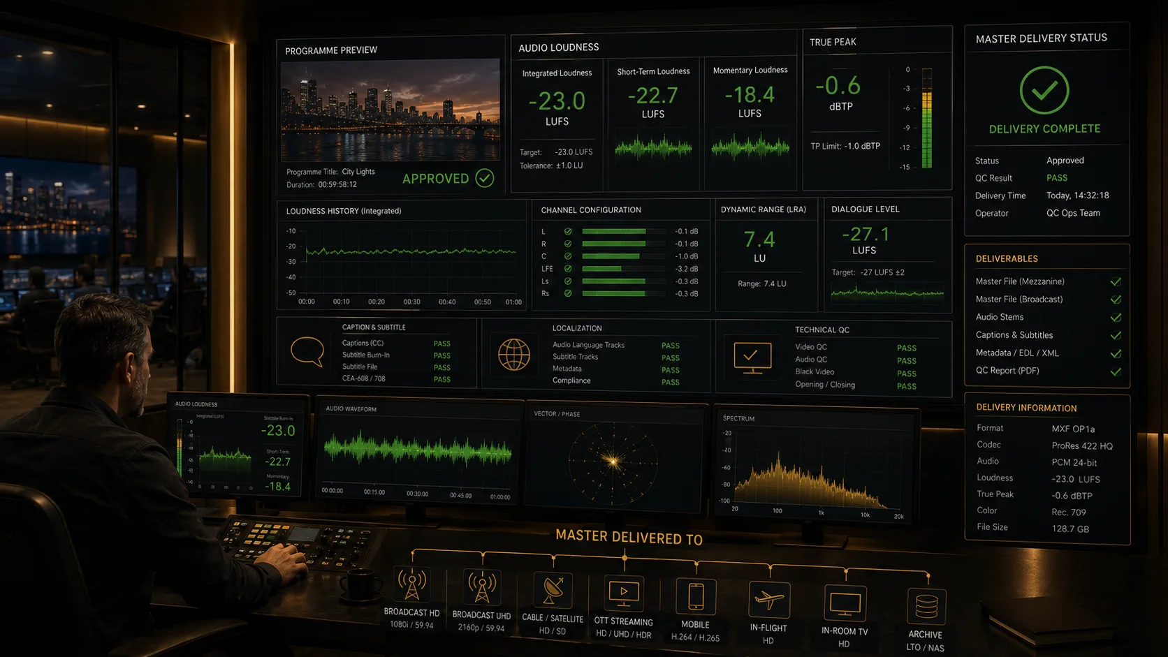 Broadcast audio master delivery path from mix and loudness QC to final handoff