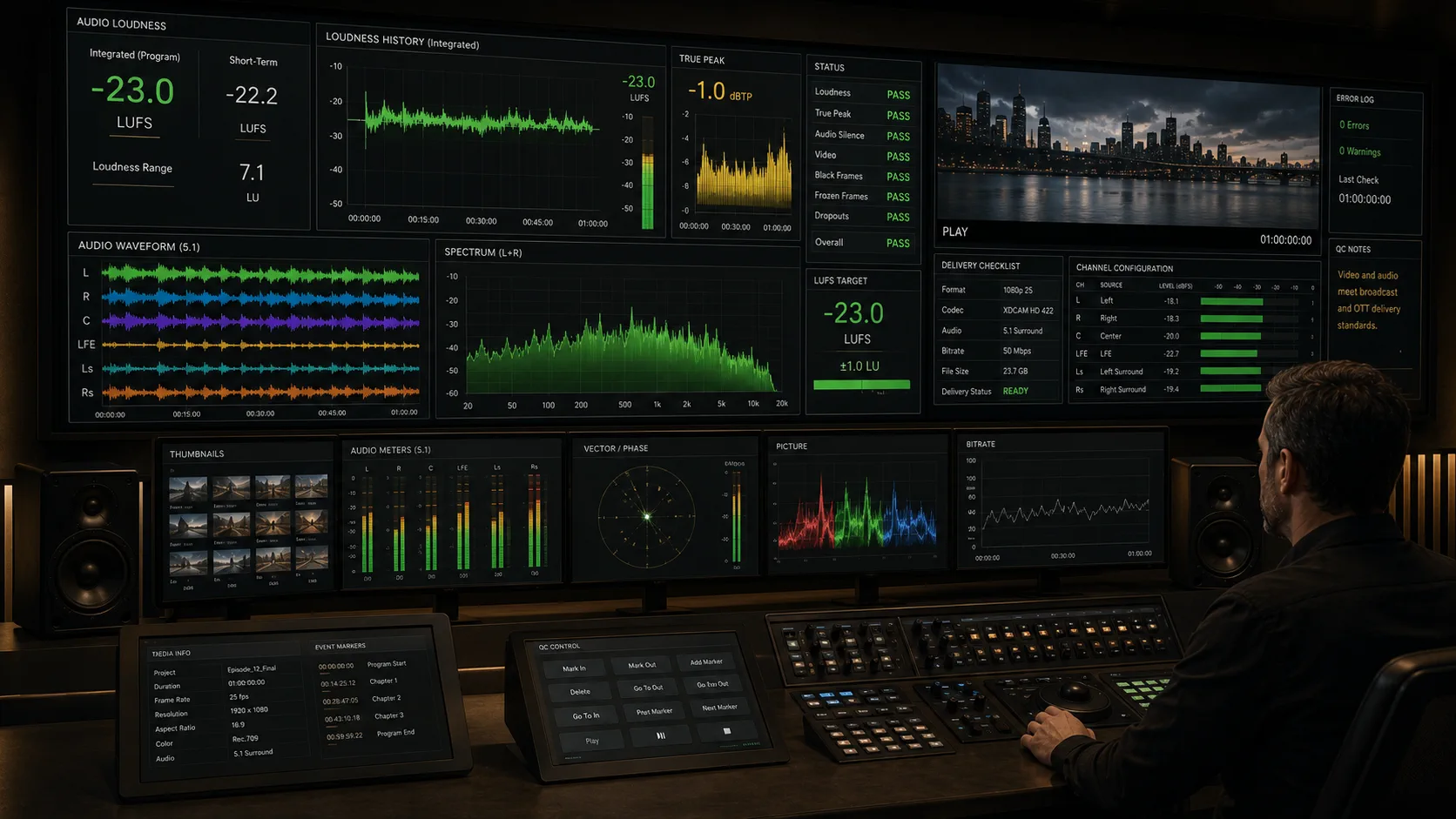 Broadcast quality control room with loudness meters, waveforms, and master delivery displays