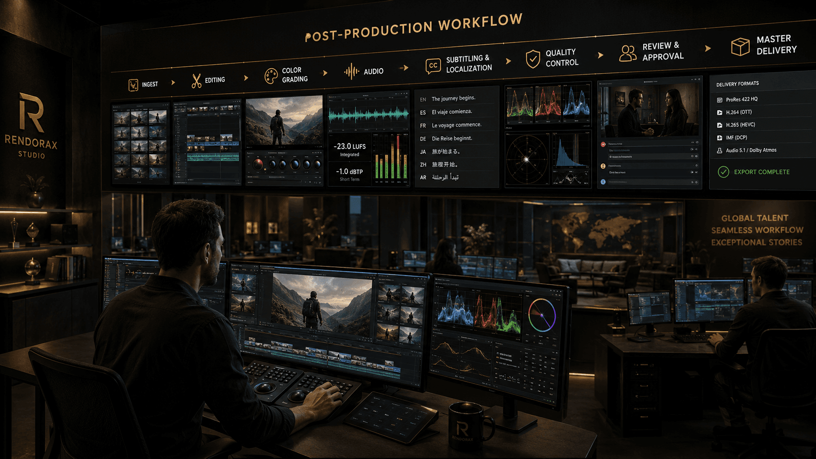 Broadcast post-production workflow progressing from editorial cut to final delivery