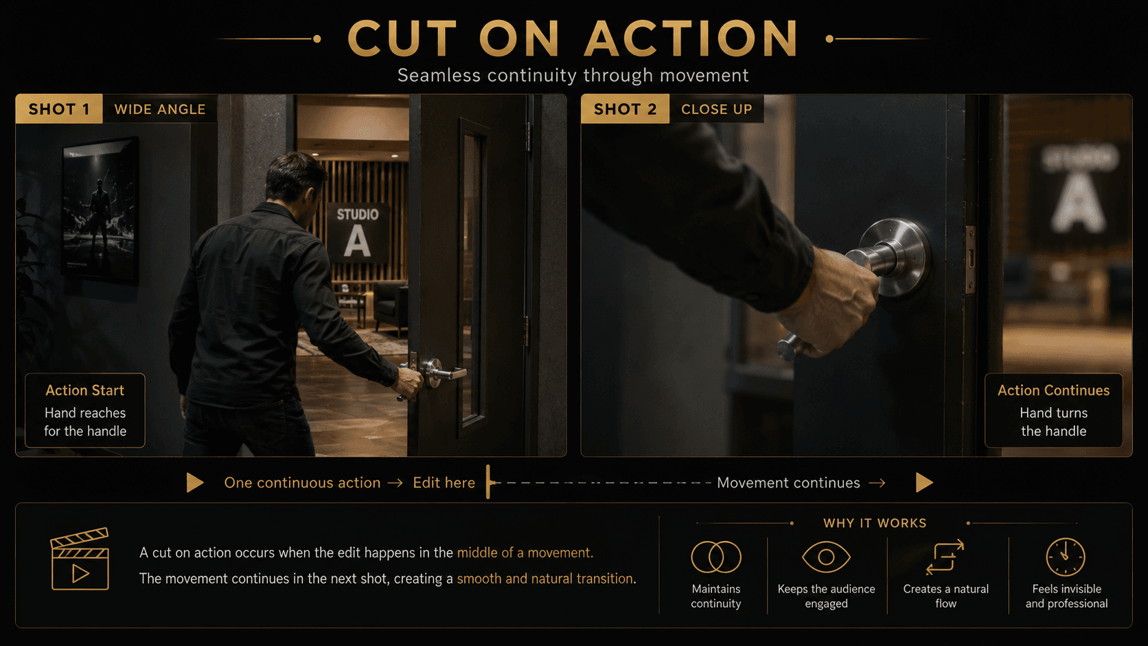 Cut on action connecting two camera angles during one continuous movement