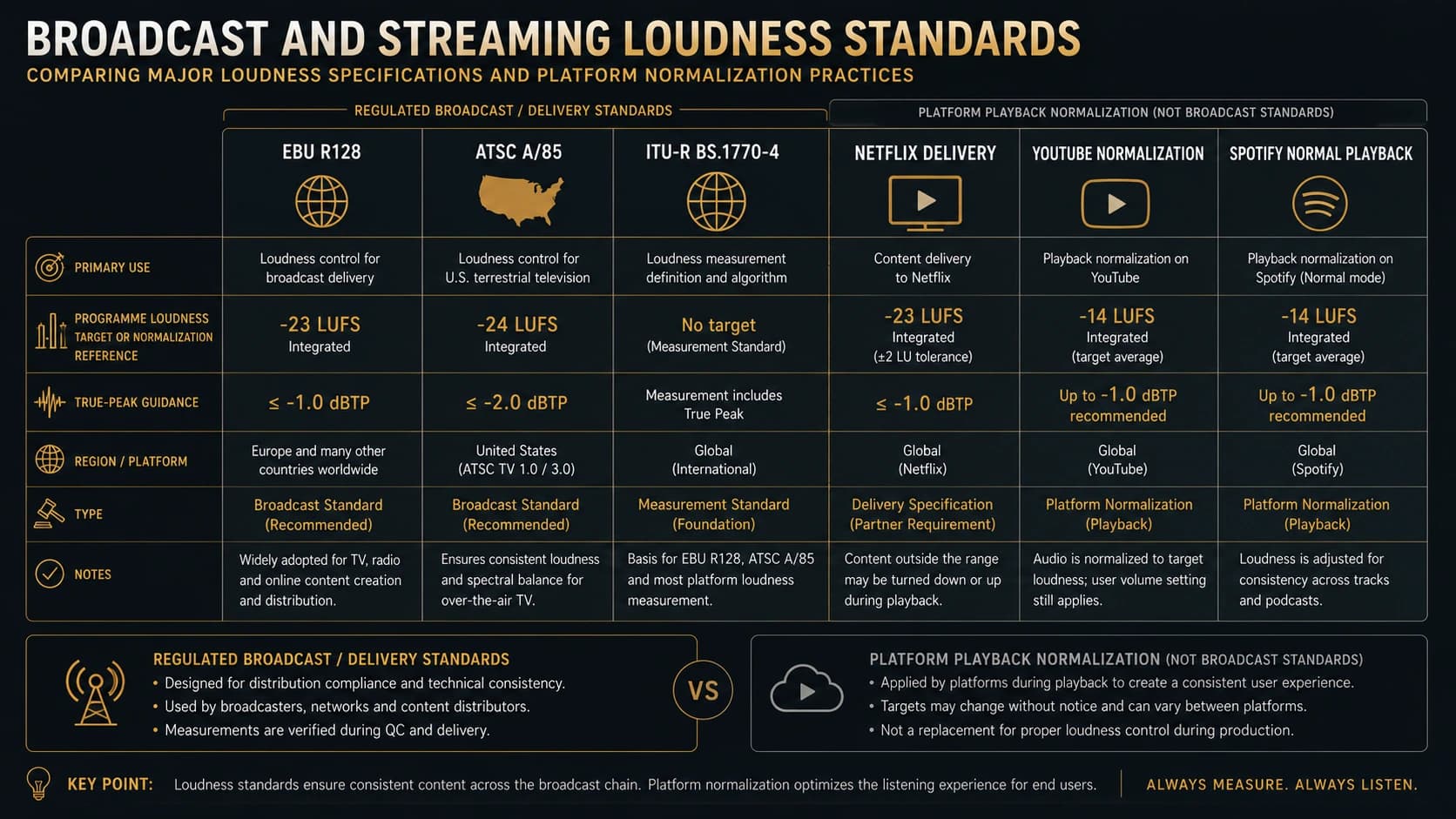 Comparison infographic of global broadcast and streaming loudness standards