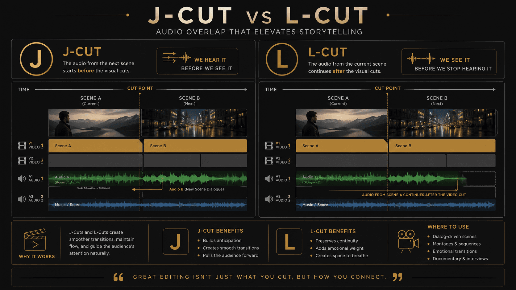 Editing timeline comparing the audio overlap of a J-cut and an L-cut