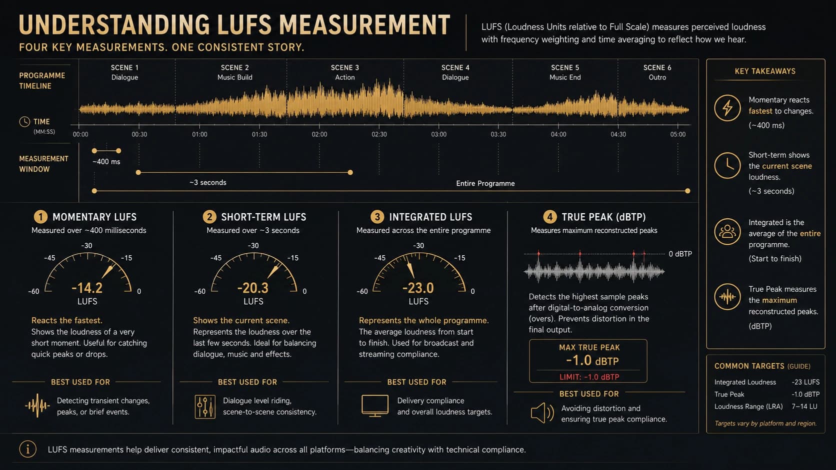Infographic comparing Integrated LUFS, Short-Term LUFS, Momentary LUFS, and True Peak