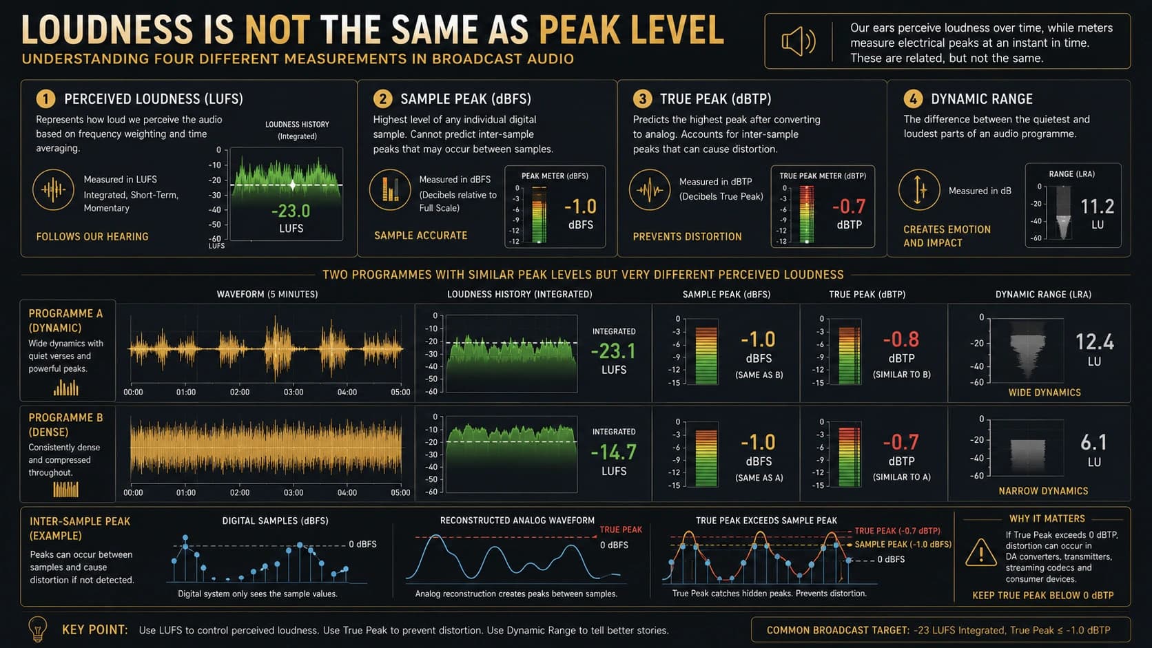 Editorial diagram distinguishing loudness, sample peak, true peak, and dynamic range