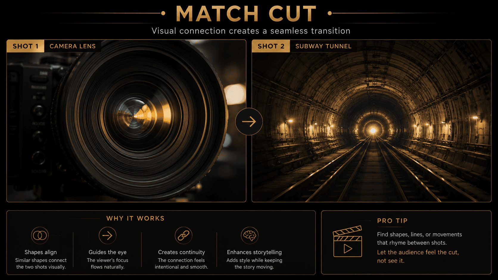 Graphic match cut connecting similar circular shapes across different scenes